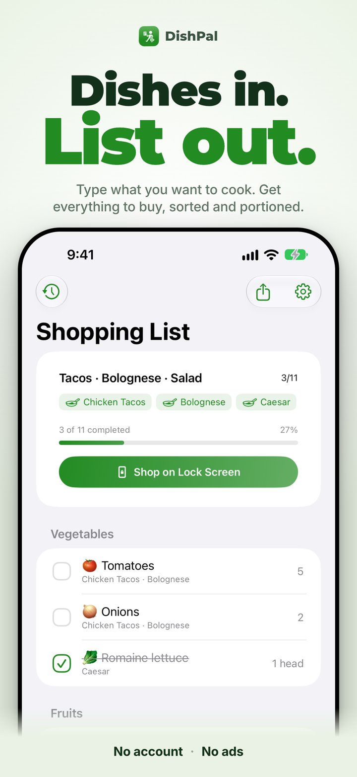 DishPal shopping list for tacos, bolognese and salad, grouped by aisle