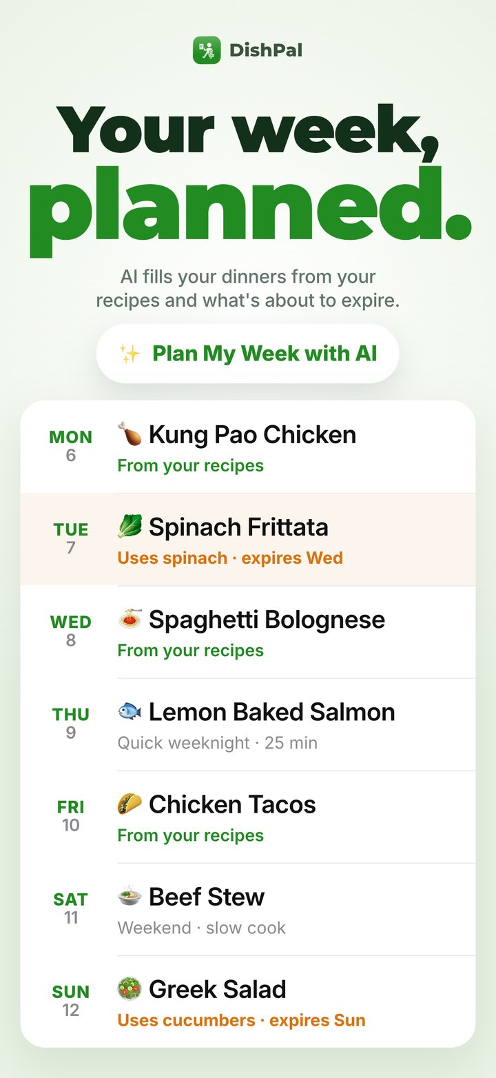 Weekly menu: AI fills the week from your recipes and what expires soon