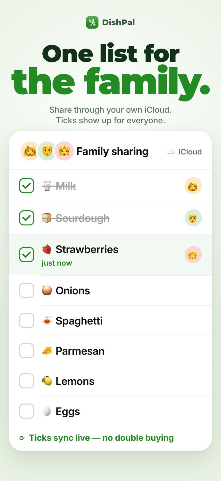 One list for the family, shared through your own iCloud with live ticks