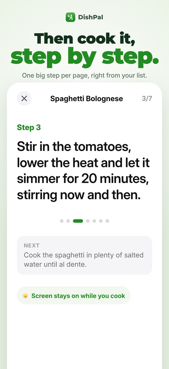 Cooking mode: one big step per page, screen stays on