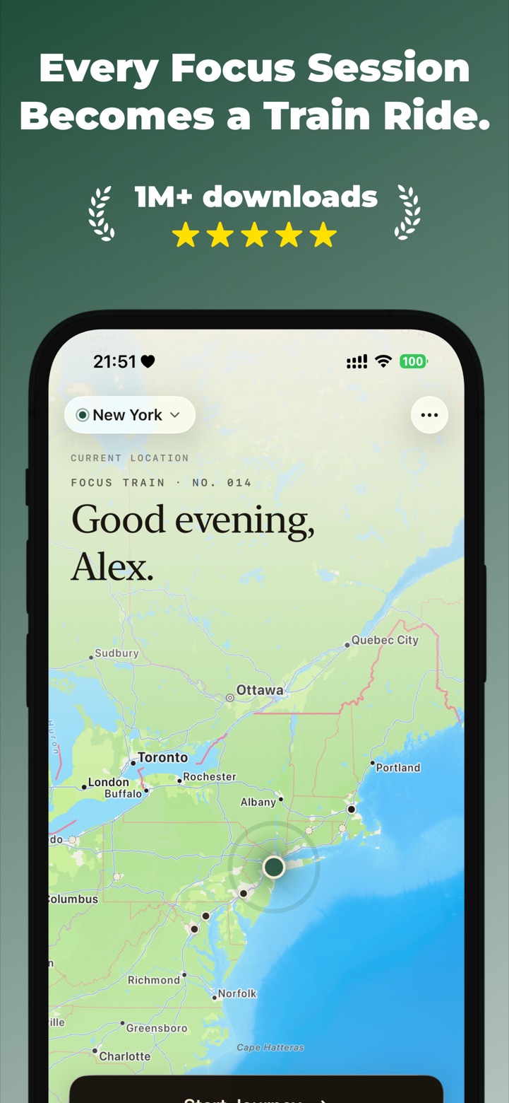 Focus Train home screen with a live map and a Start Journey button to begin a Pomodoro session
