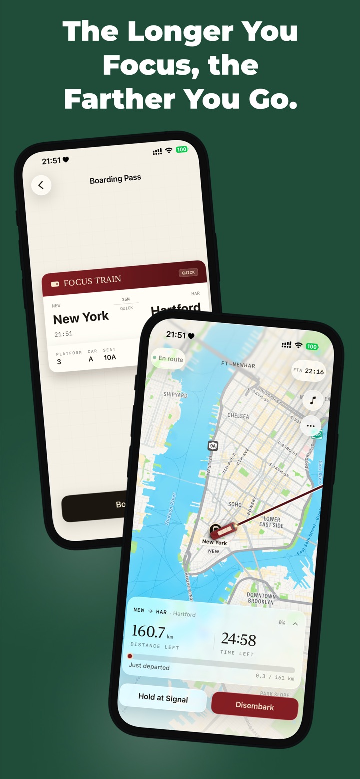 Focus Train boarding pass and live en-route map tracking distance and time left in the session