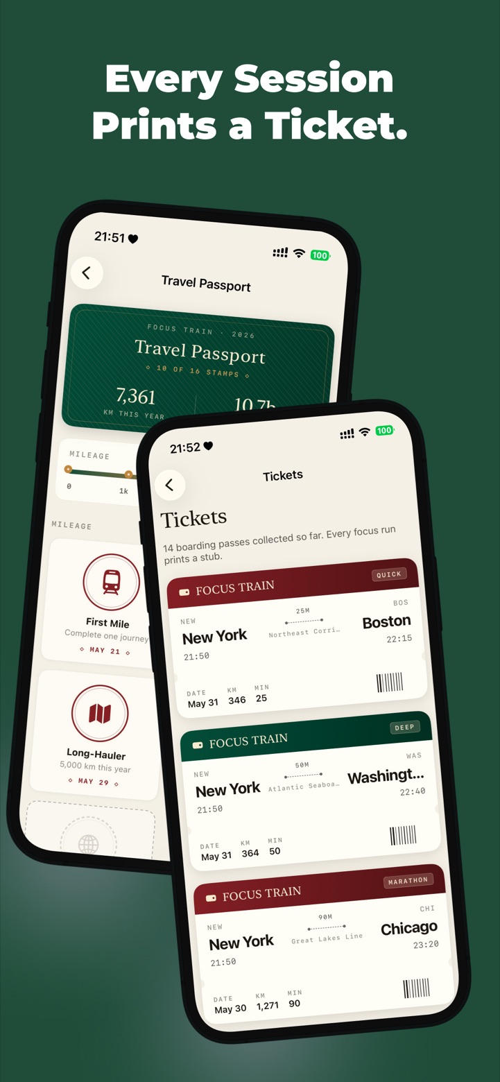 Focus Train travel passport and collected boarding-pass tickets from completed focus sessions