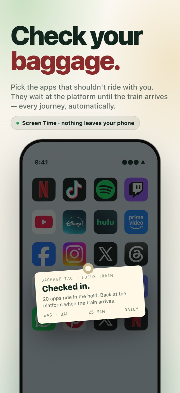 Focus Train baggage tag over an iPhone home screen of social and video apps, checked in until arrival