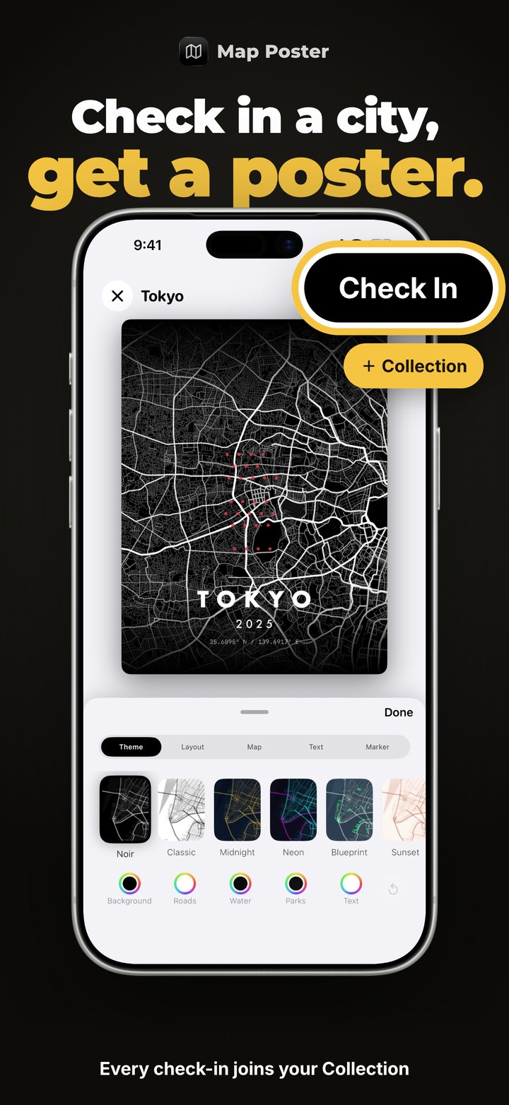 Map Poster checking in Tokyo, turning it into a dark map poster with style options