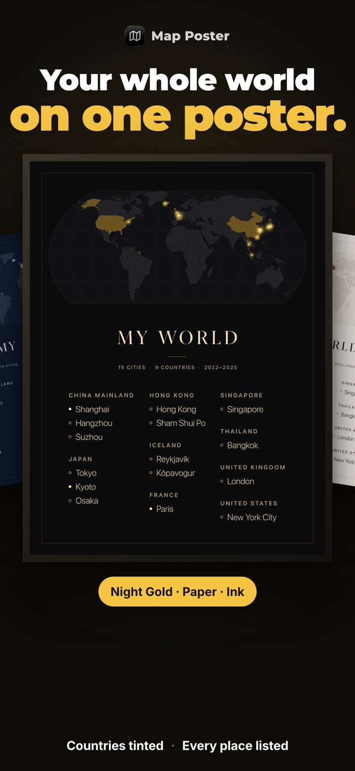 Map Poster World Footprint Poster: a world map with visited countries tinted and cities listed