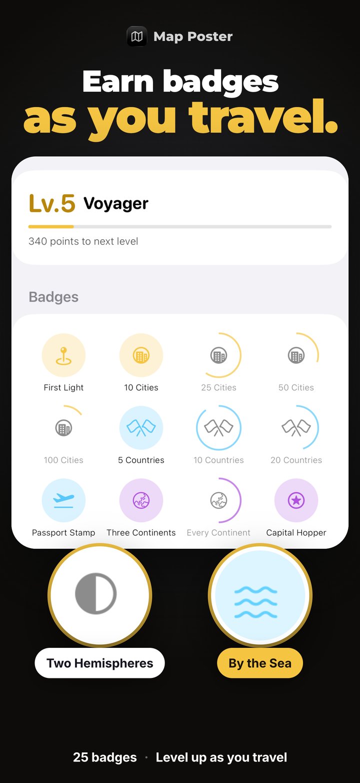 Levels and 25 badges earned as you travel