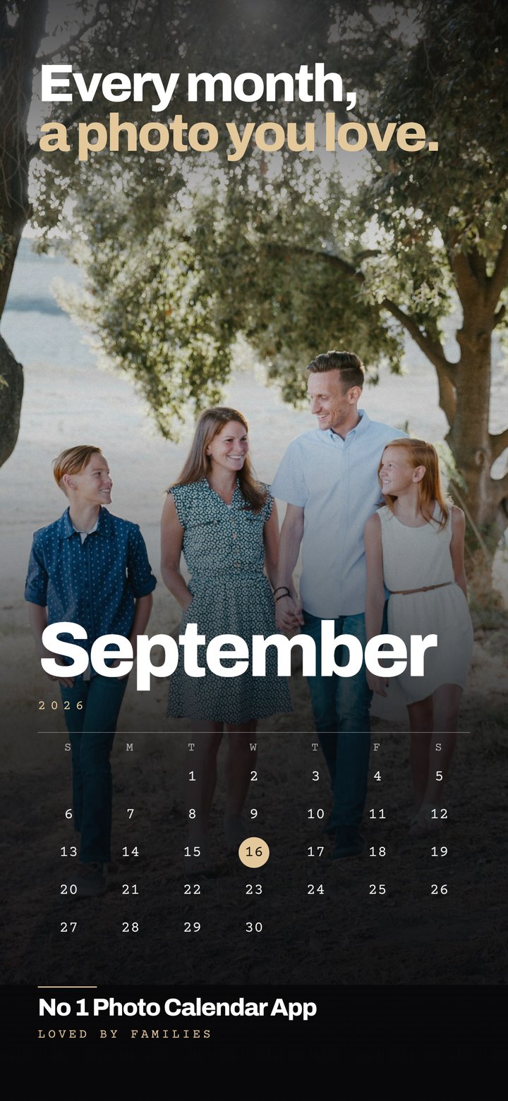 Photo Calendar: a September page with a family photo, the month grid underneath