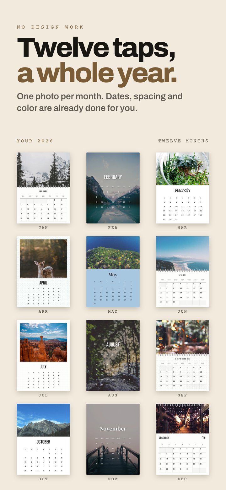 Twelve taps, a whole year: a year of month pages, each with a photo from that month