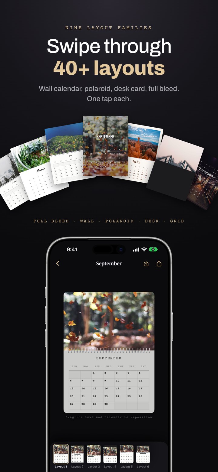 Swipe through layouts: wall calendar, polaroid, desk card and full bleed