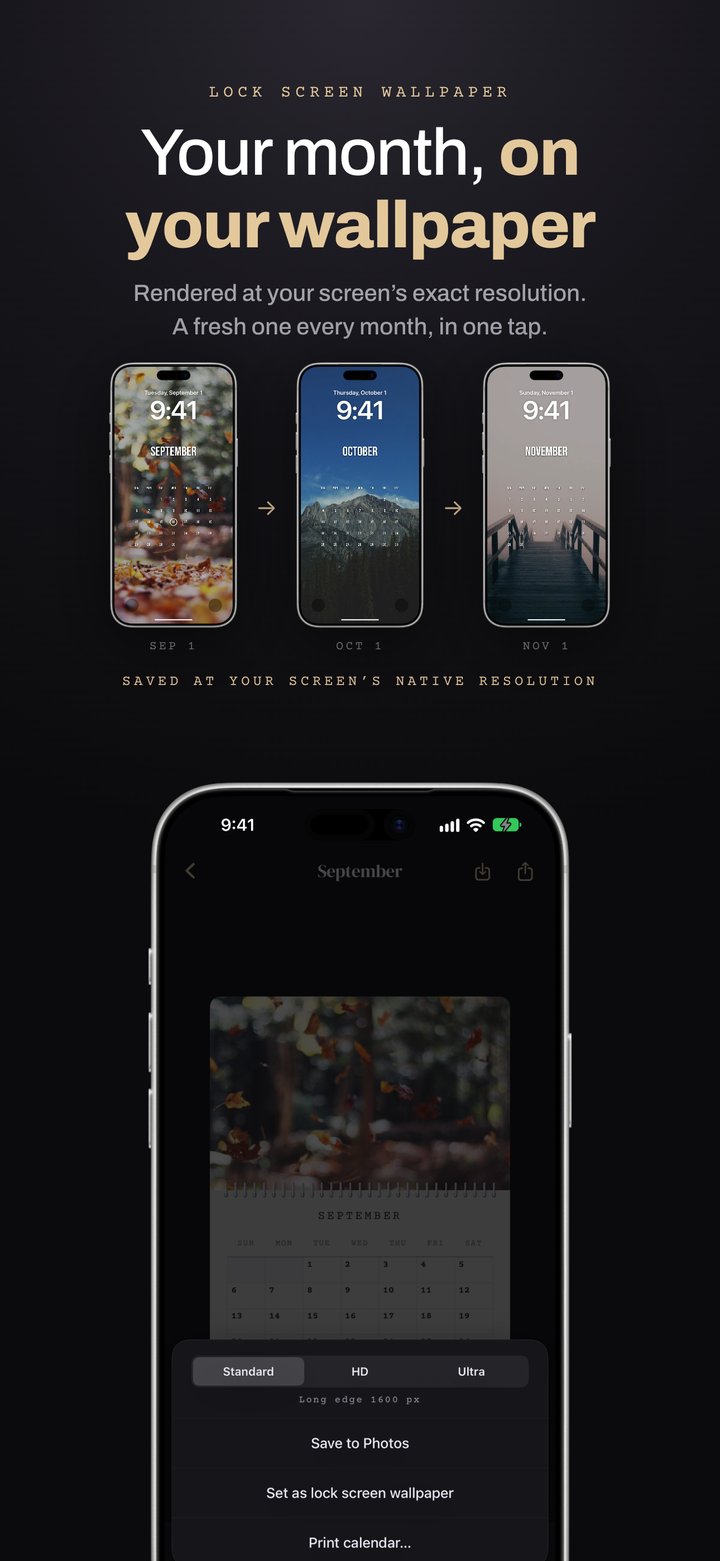 Your month as a Lock Screen wallpaper, rendered at the screen's exact resolution